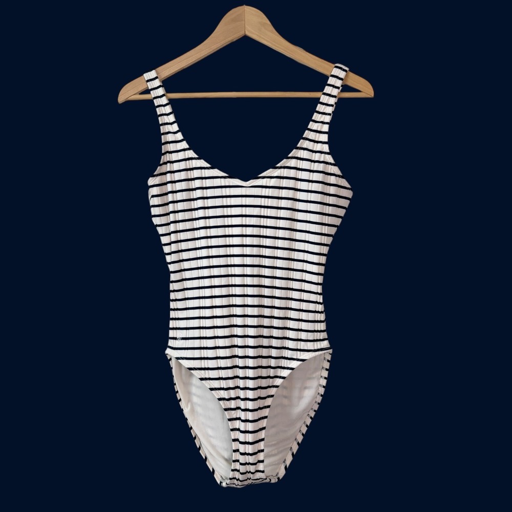 Vintage Lauren Ralph Lauren Striped Ribbed One Piece Swimsuit Navy White Size 12